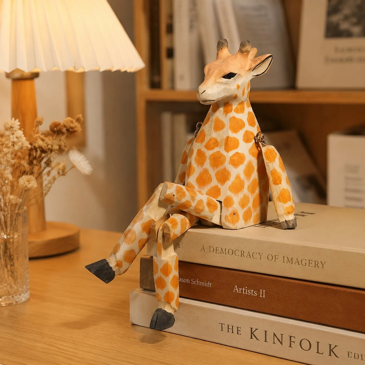 Hand-carved wooden giraffe ornament styled on a tabletop edge