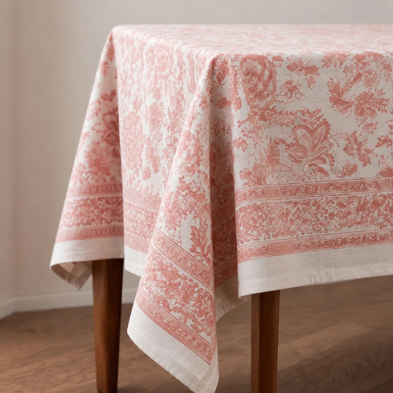 Soft coral floral tablecloth draped over a table corner