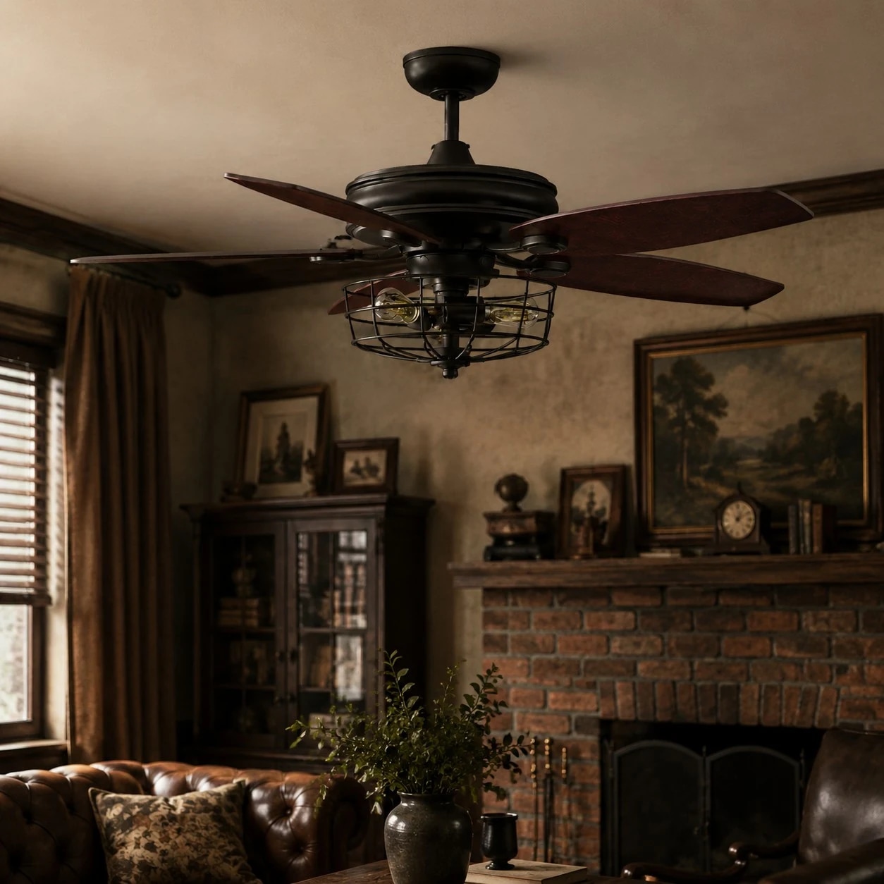 Black wood blade ceiling fan light in a vintage room