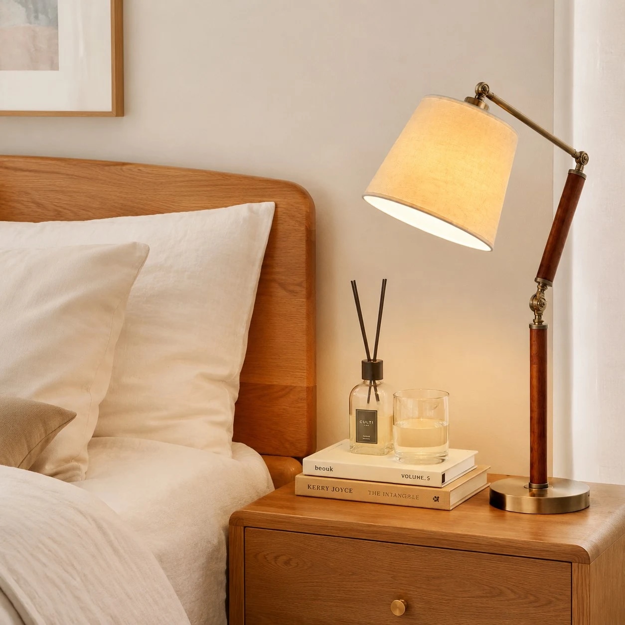 Adjustable wooden table lamp styled on a bedside nightstand