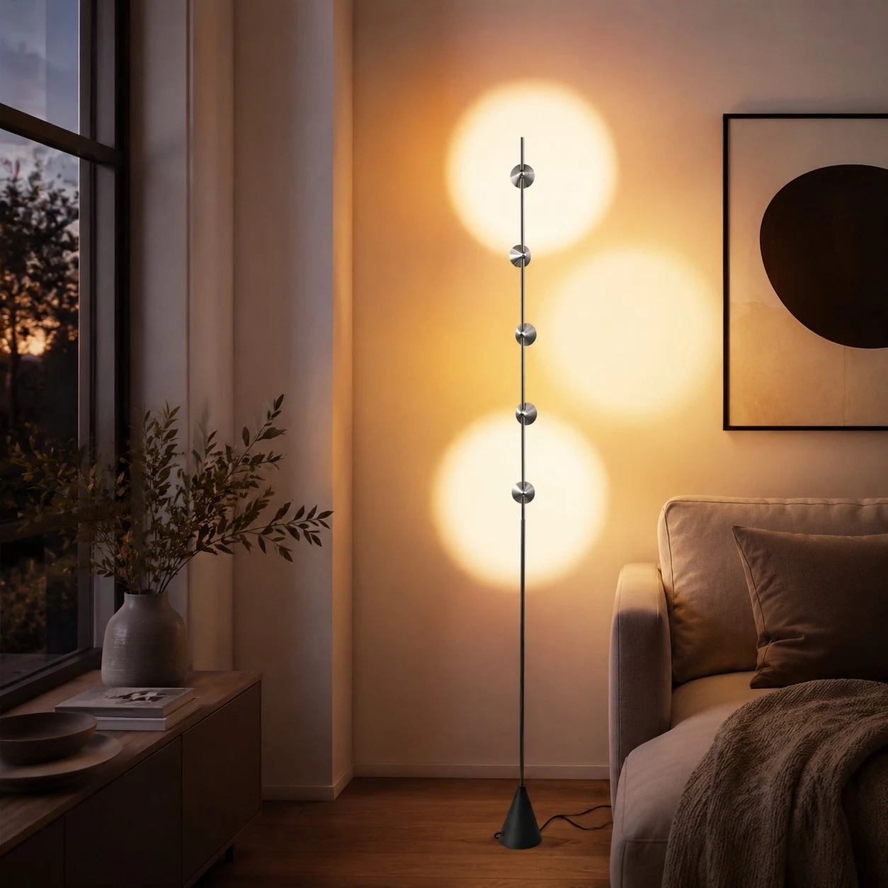 Breathing sunset atmosphere floor lamp in a bedroom corner