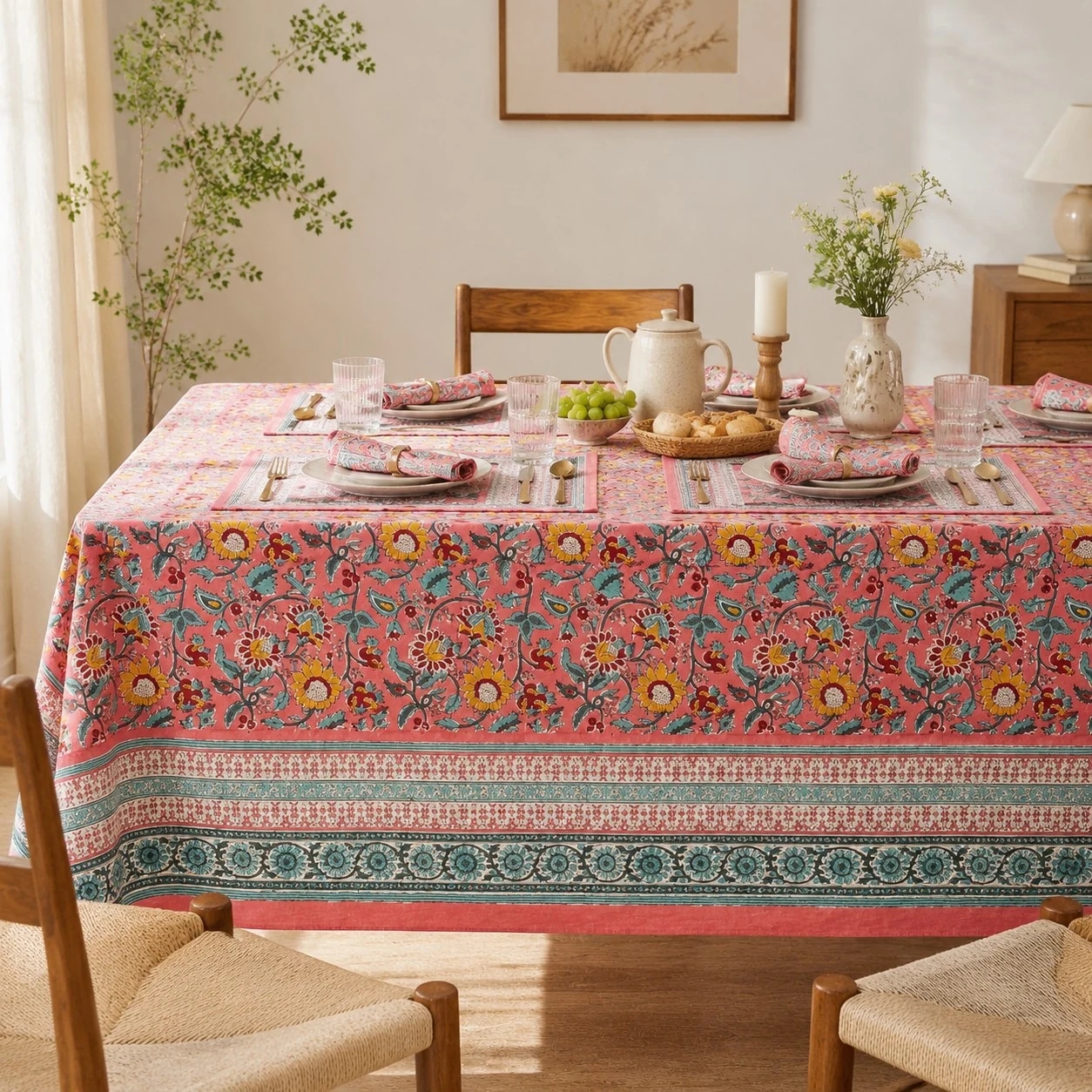 Pink garden border tablecloth styled with tableware