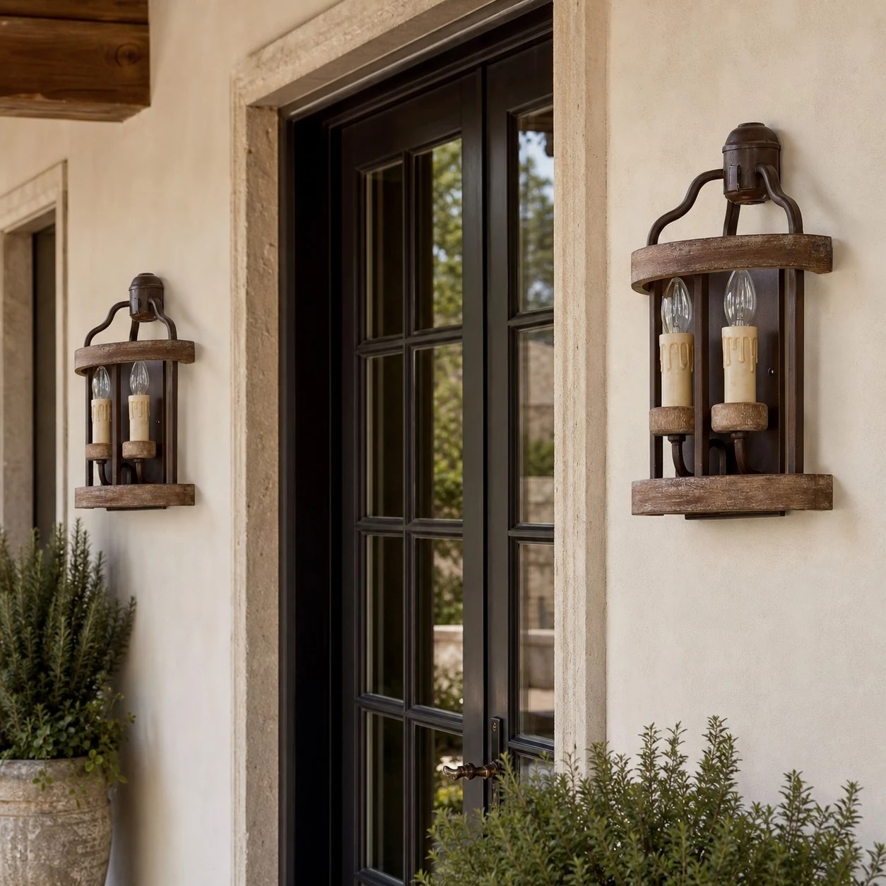 Rustic wall sconce installed beside a doorway
