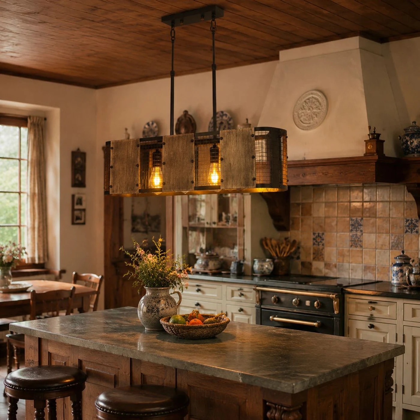 Industrial wood and iron pendant light installed over a bar counter