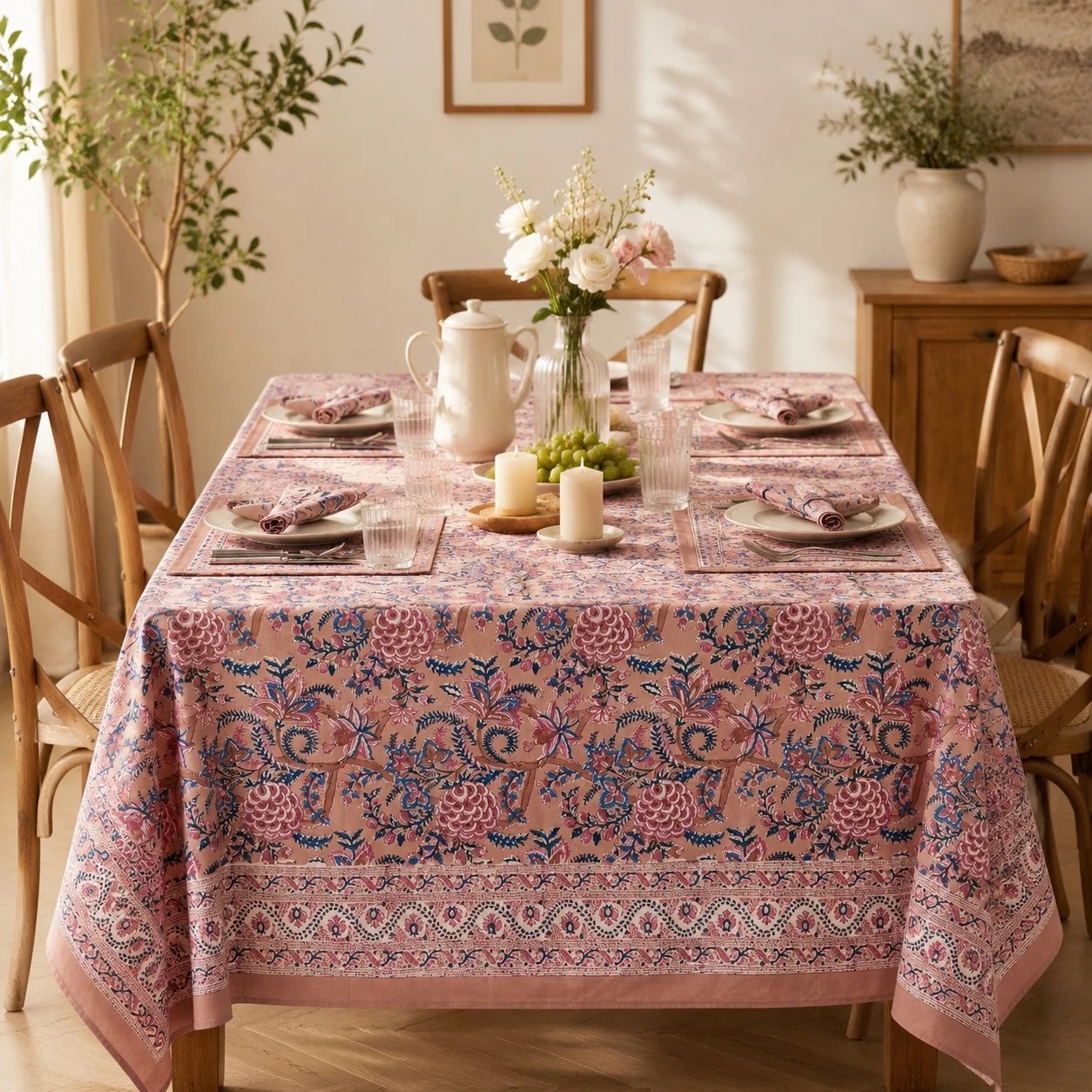 Rose mauve floral tablecloth styled in a warm dining room