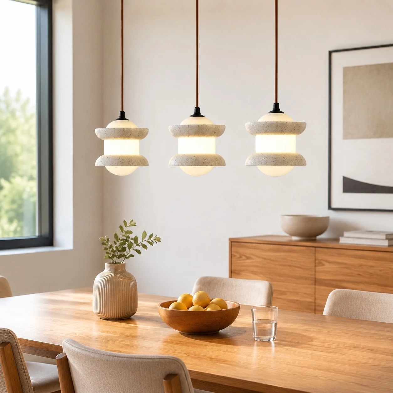 Three-light travertine stone pendant installed above a dining table