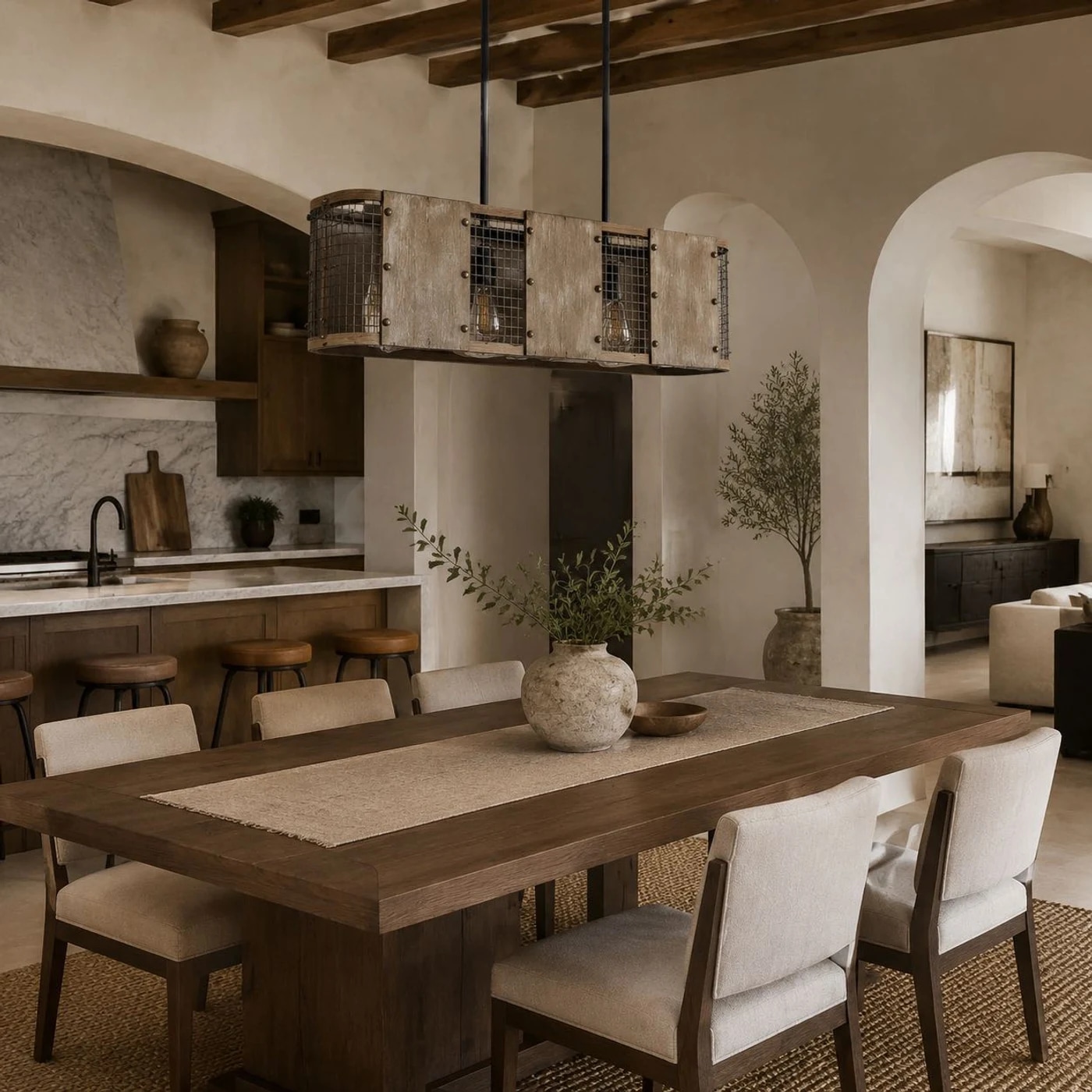 Five-light rectangular pendant lamp in a restaurant dining space