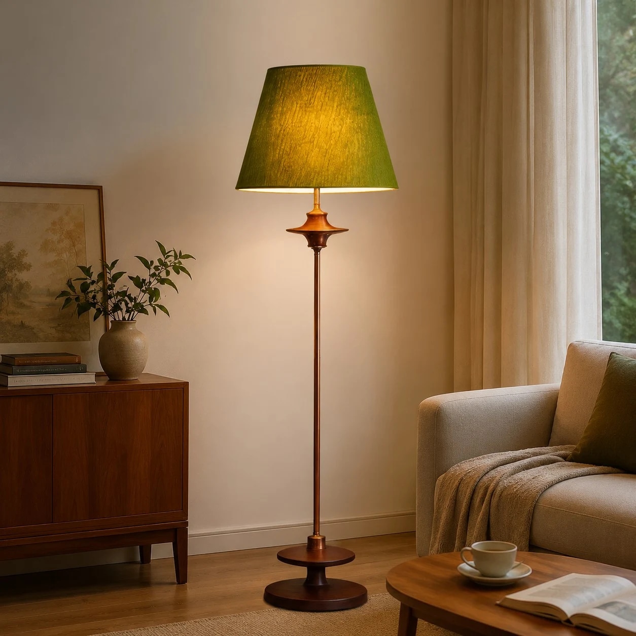 Green floor lamp beside living room seating