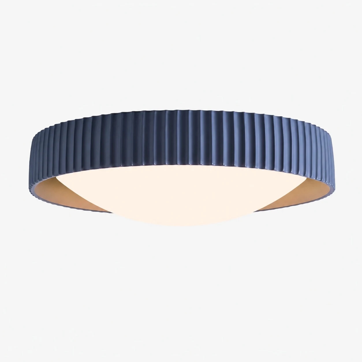 Blue ribbed flush mount ceiling light on white background