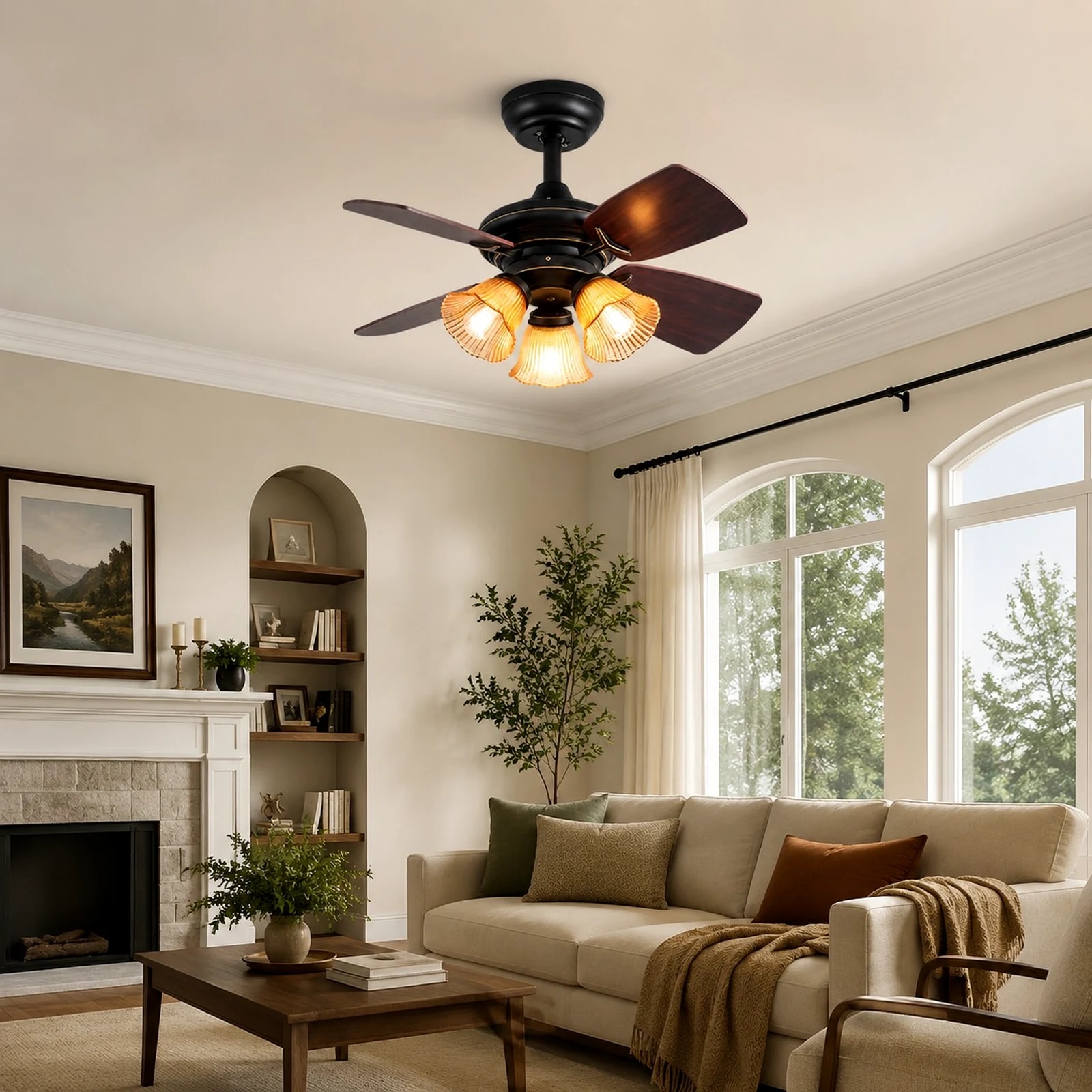 Ceiling fan light in a bright living room