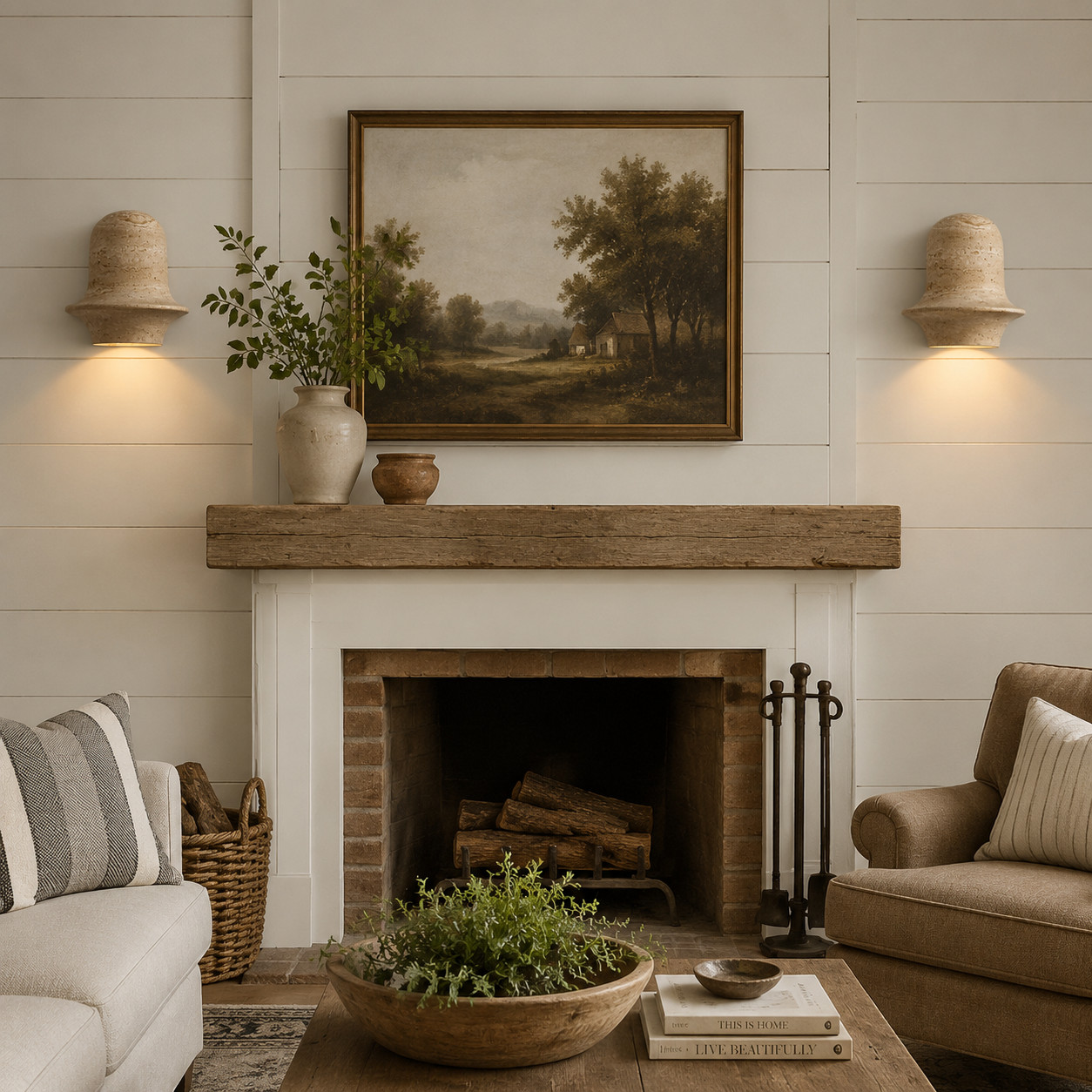 Pair of travertine wall sconces installed beside framed art above a living room fireplace