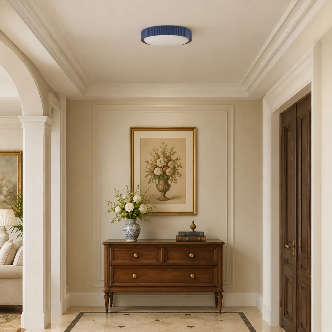 Blue flush mount ceiling light installed in a cream hallway