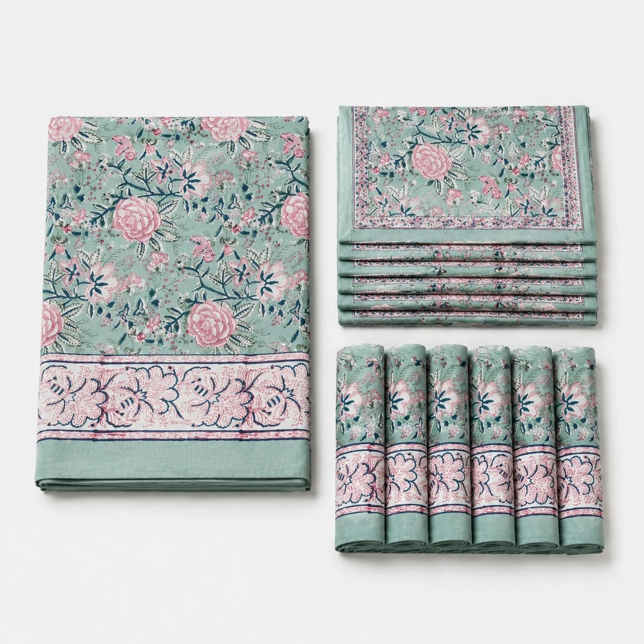 Folded sage green floral cotton linen tablecloth set