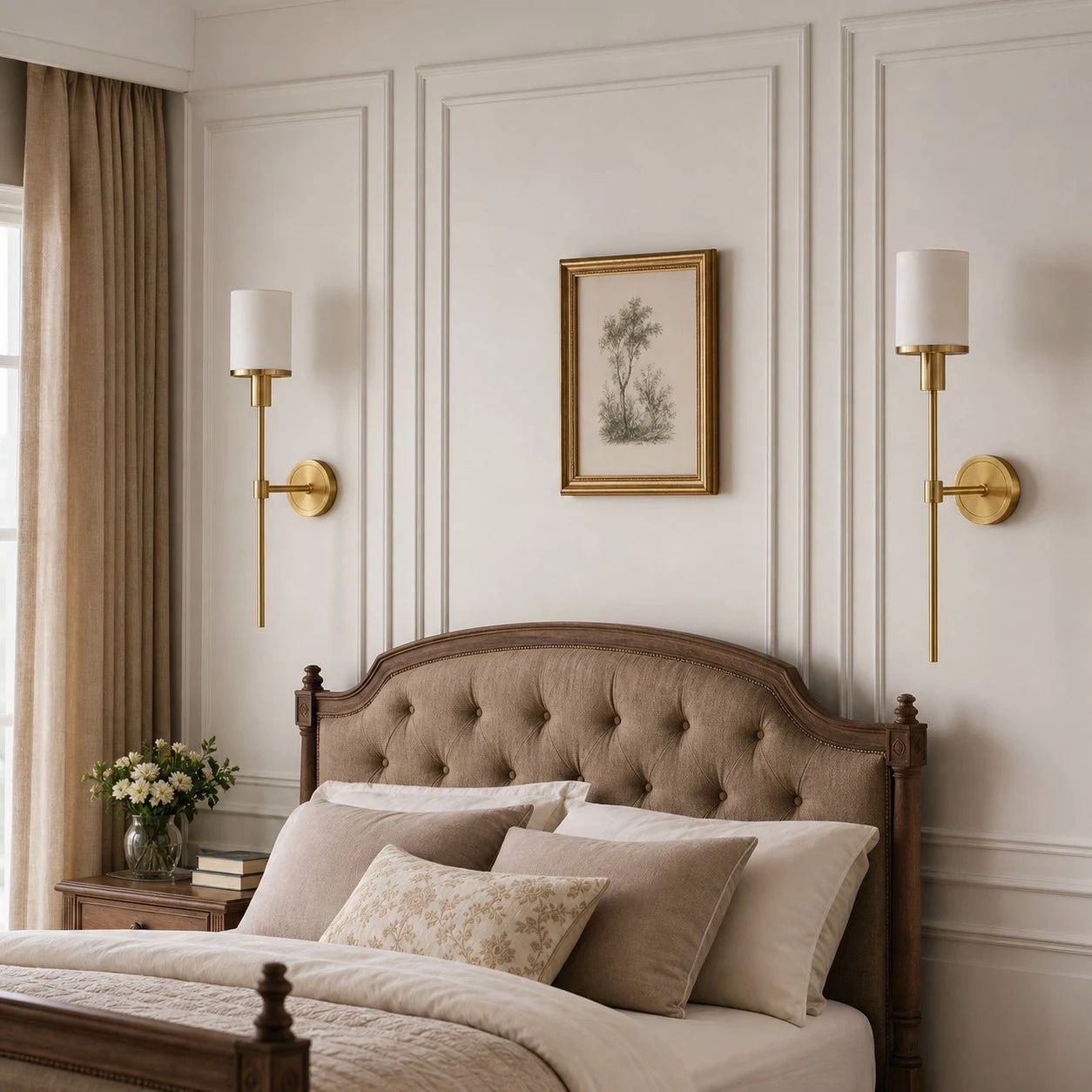 Natural brass wall sconces in a bedroom
