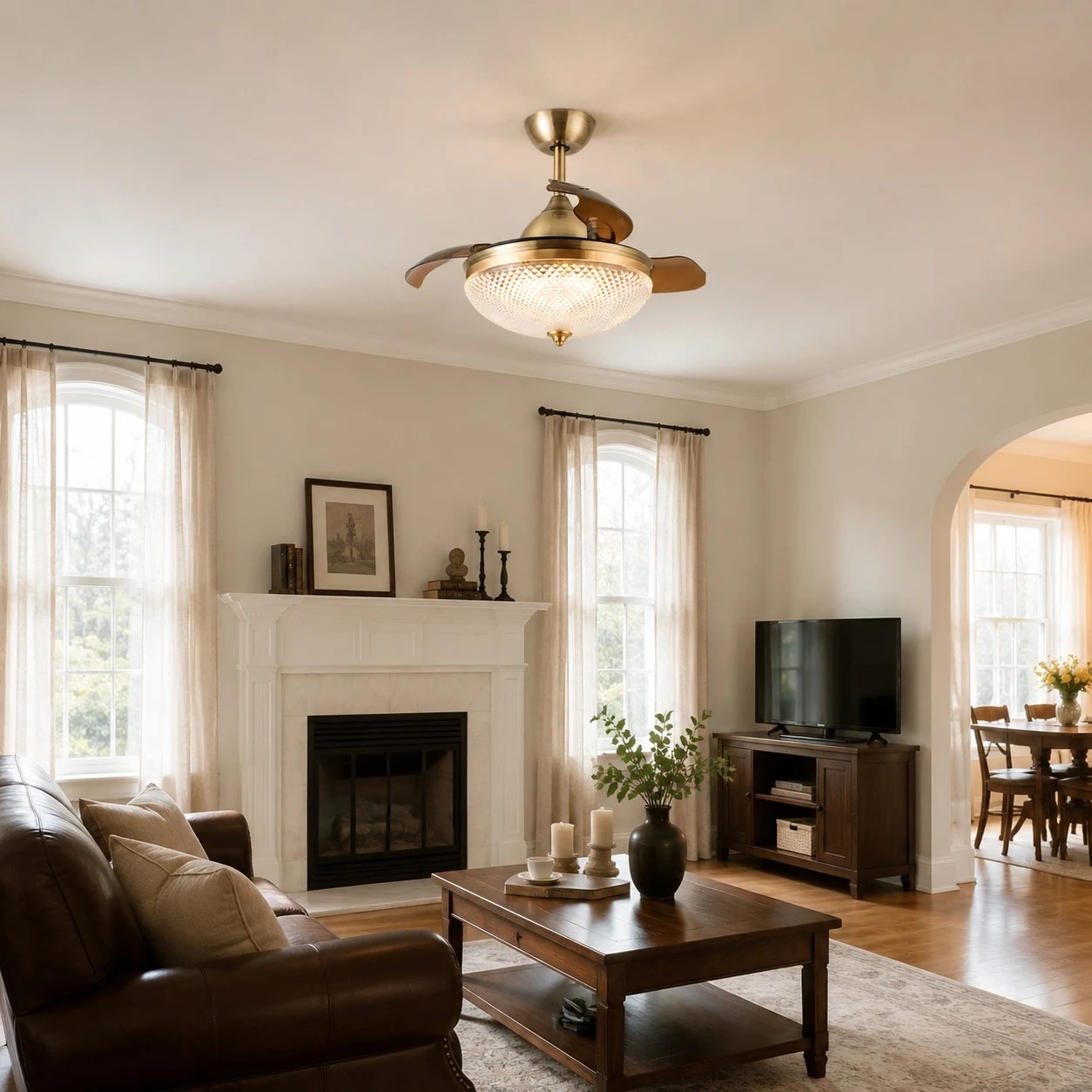 Antique brass retractable ceiling fan light in a living room