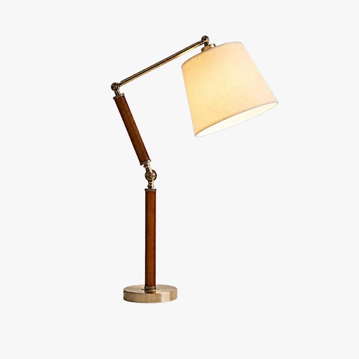 Solid wood adjustable table lamp with fabric shade and round metal base