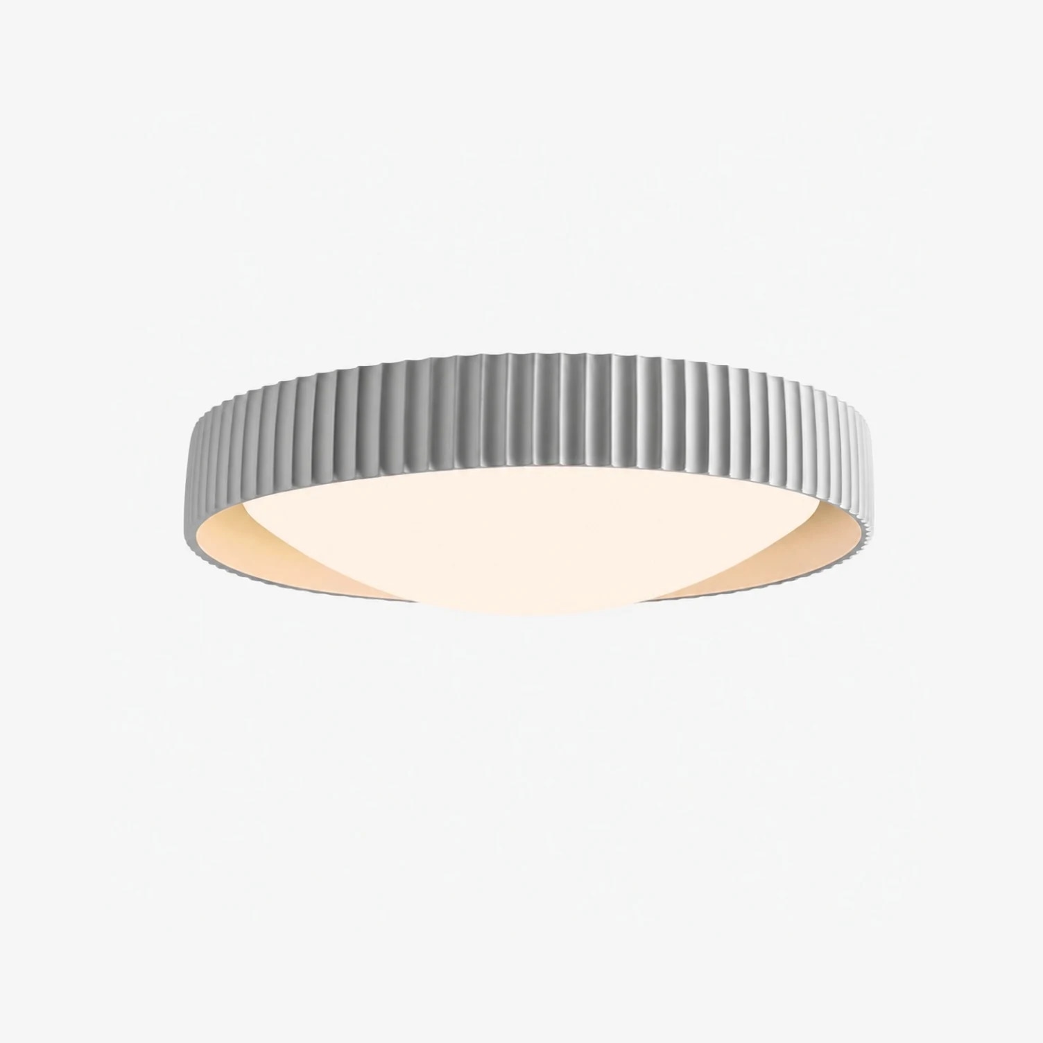Gray ribbed flush mount ceiling light on white background