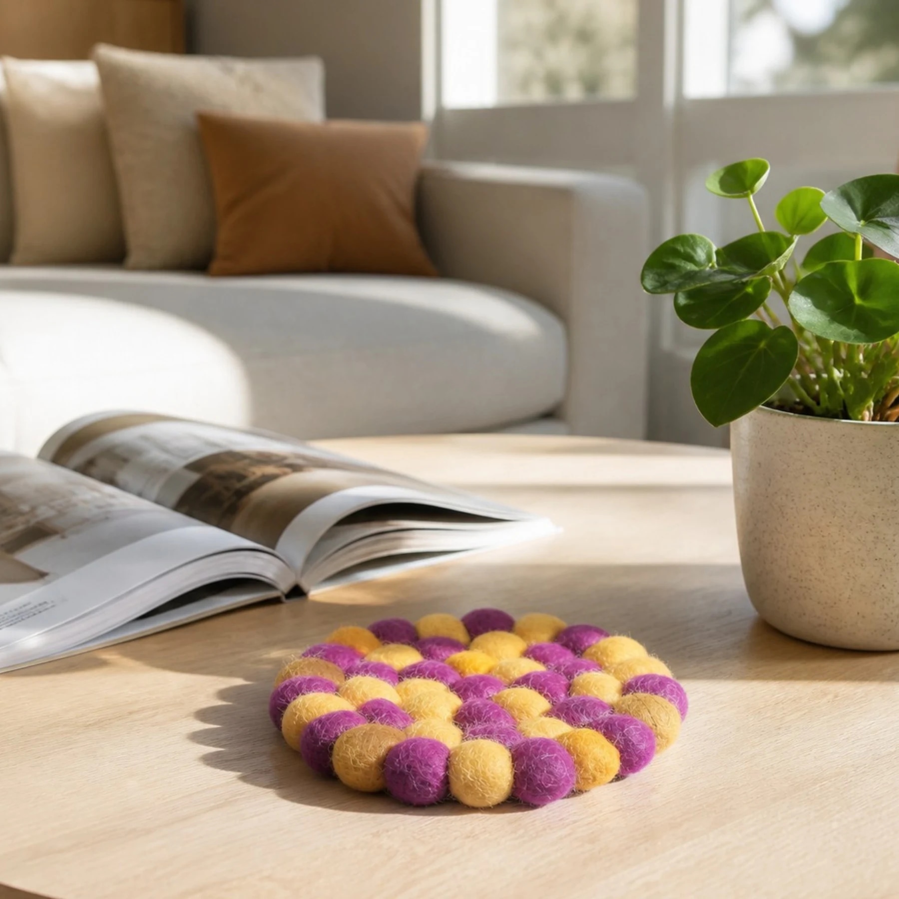 Colorful felt coaster in a living room