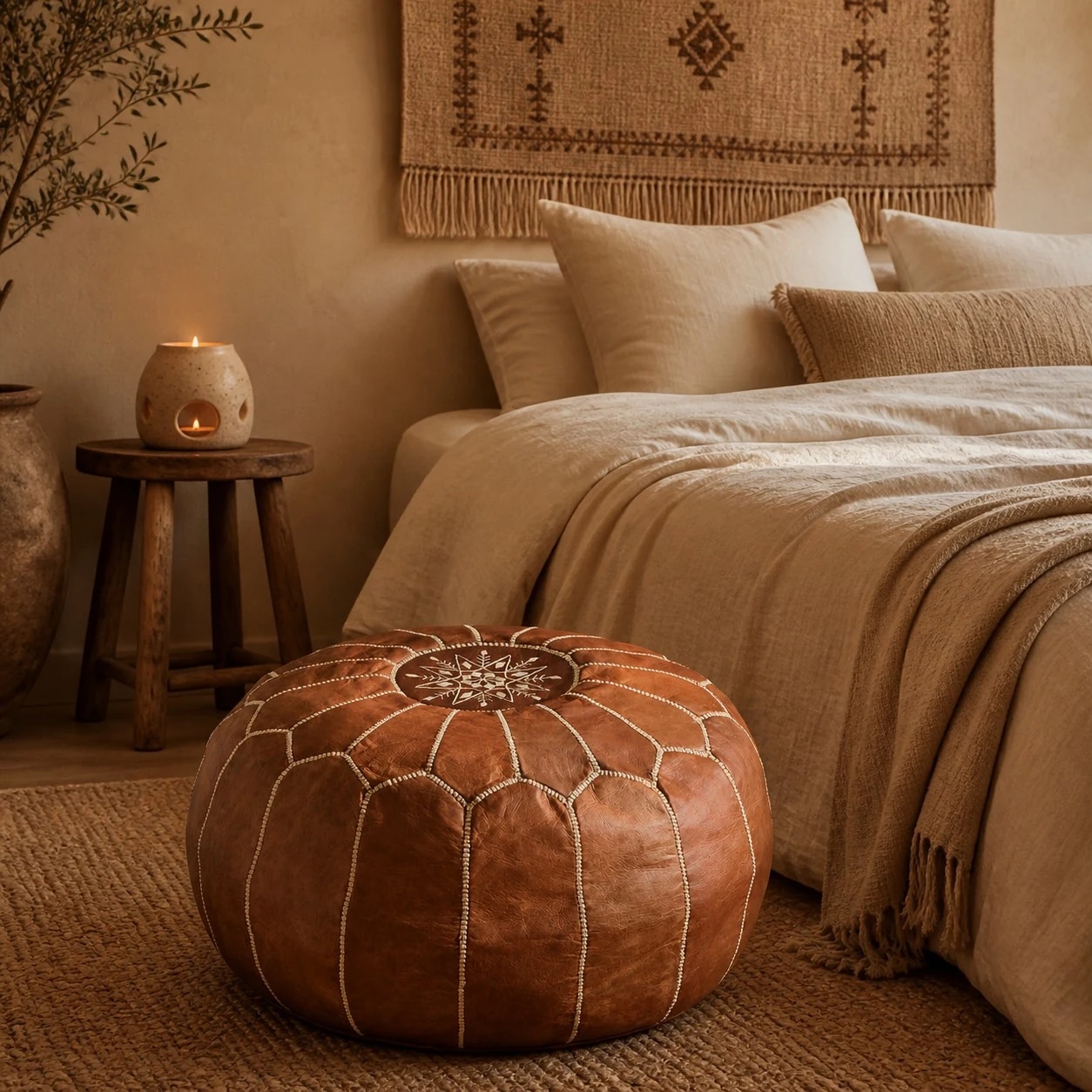 brown Moroccan pouf room scene