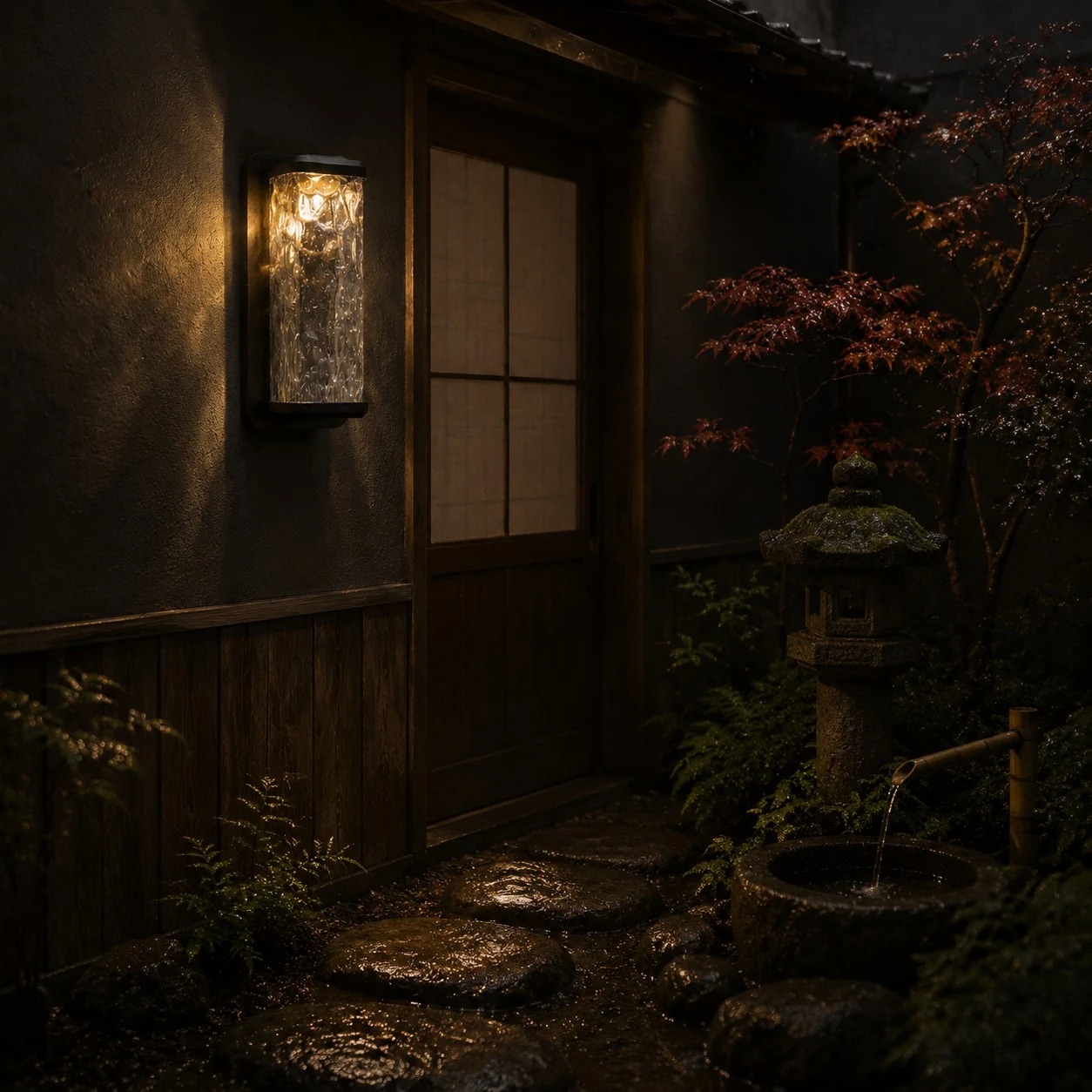 Outdoor wall light on a porch wall with matte black frame