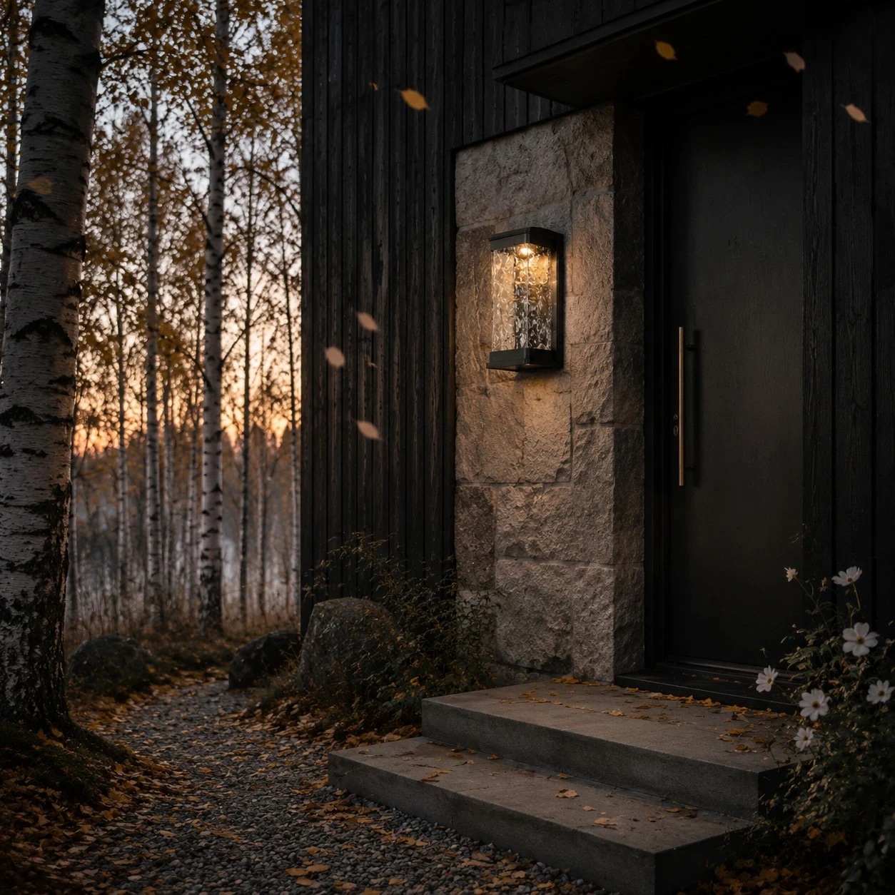 Matte black outdoor wall light beside a modern entry door