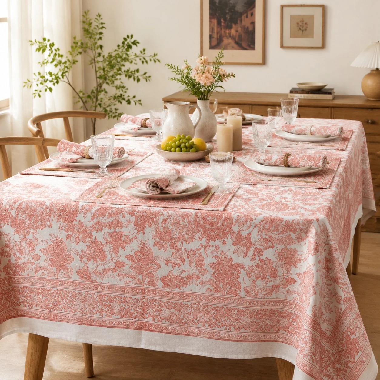Soft coral vine tablecloth styled in a bright dining room
