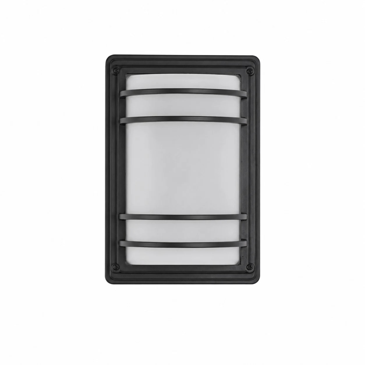 Black outdoor wall light with white glass shade turned off