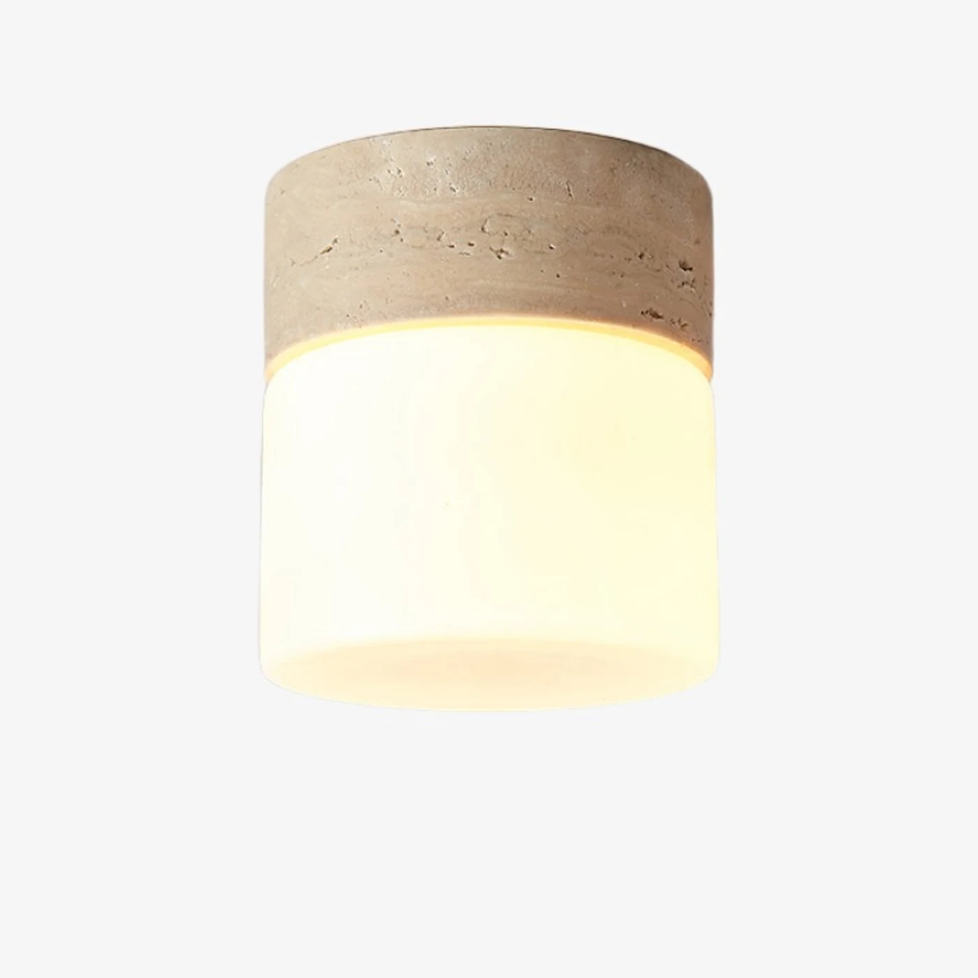 Ivory travertine flush mount ceiling light with warm glass shade