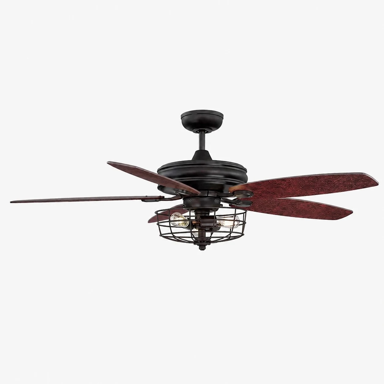 Black vintage caged ceiling fan light with wood blades, 132 cm / 52″