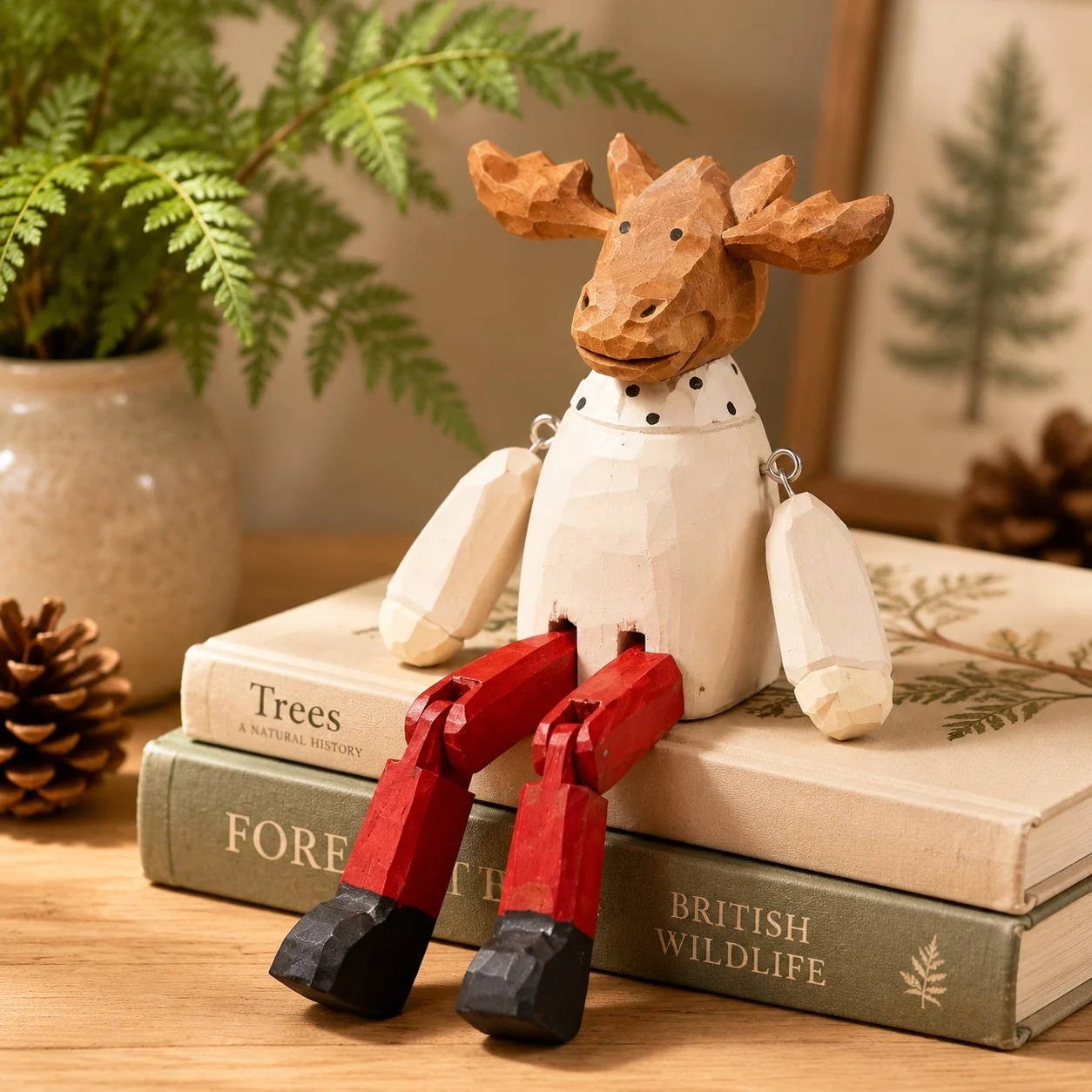 Hand-carved wooden christmas reindeer with red legs ornament styled on a tabletop edge