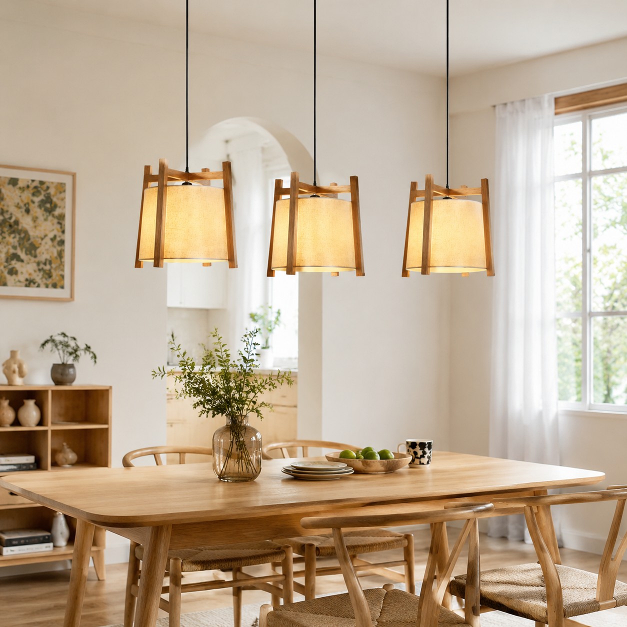 Three wood frame fabric pendant lights over a dining table