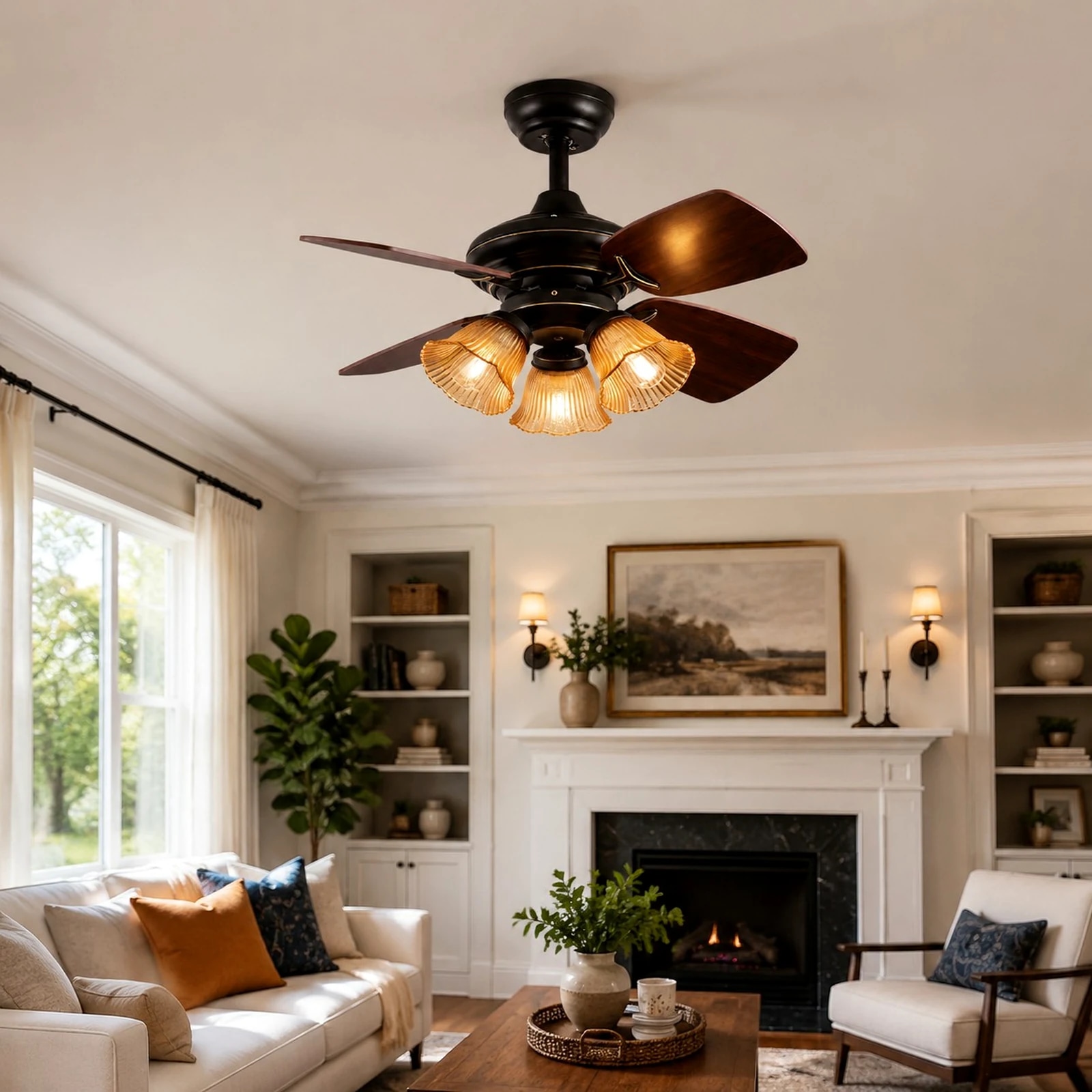 Black amber glass ceiling fan light installed in a living room