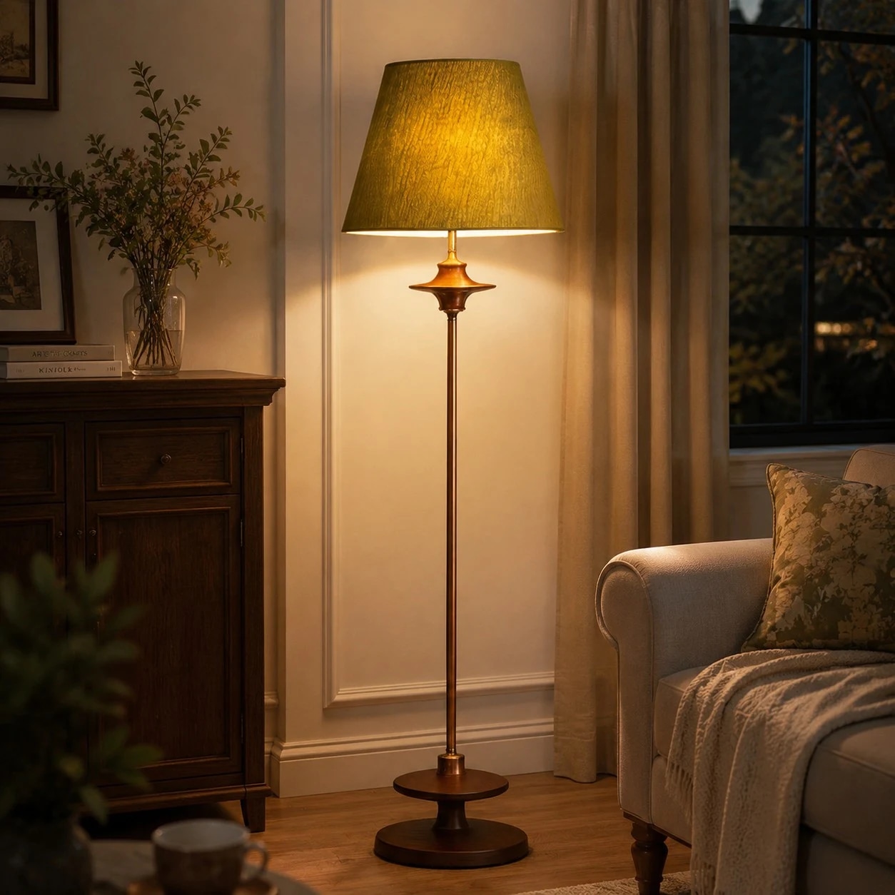 Warm vintage floor lamp in evening living room