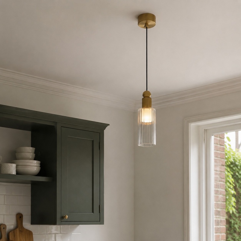Natural copper mini pendant in a warm kitchen corner