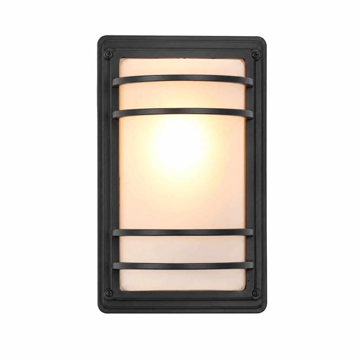 Black outdoor wall light with white glass shade turned on