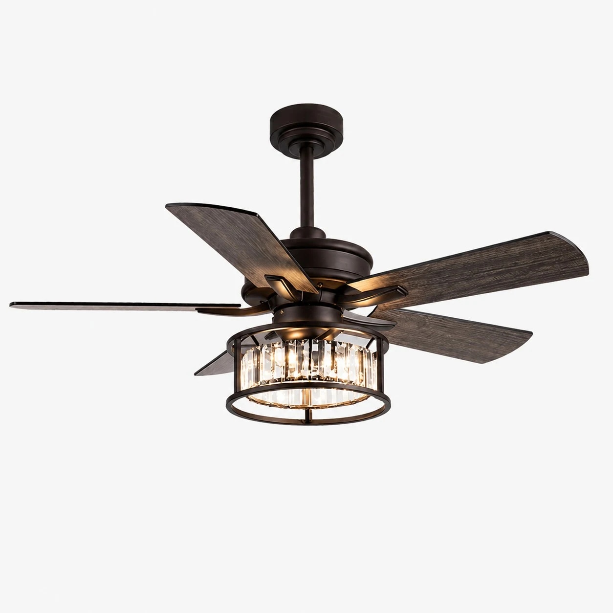Black ceiling fan light with K9 crystal cage, 107 cm / 42″