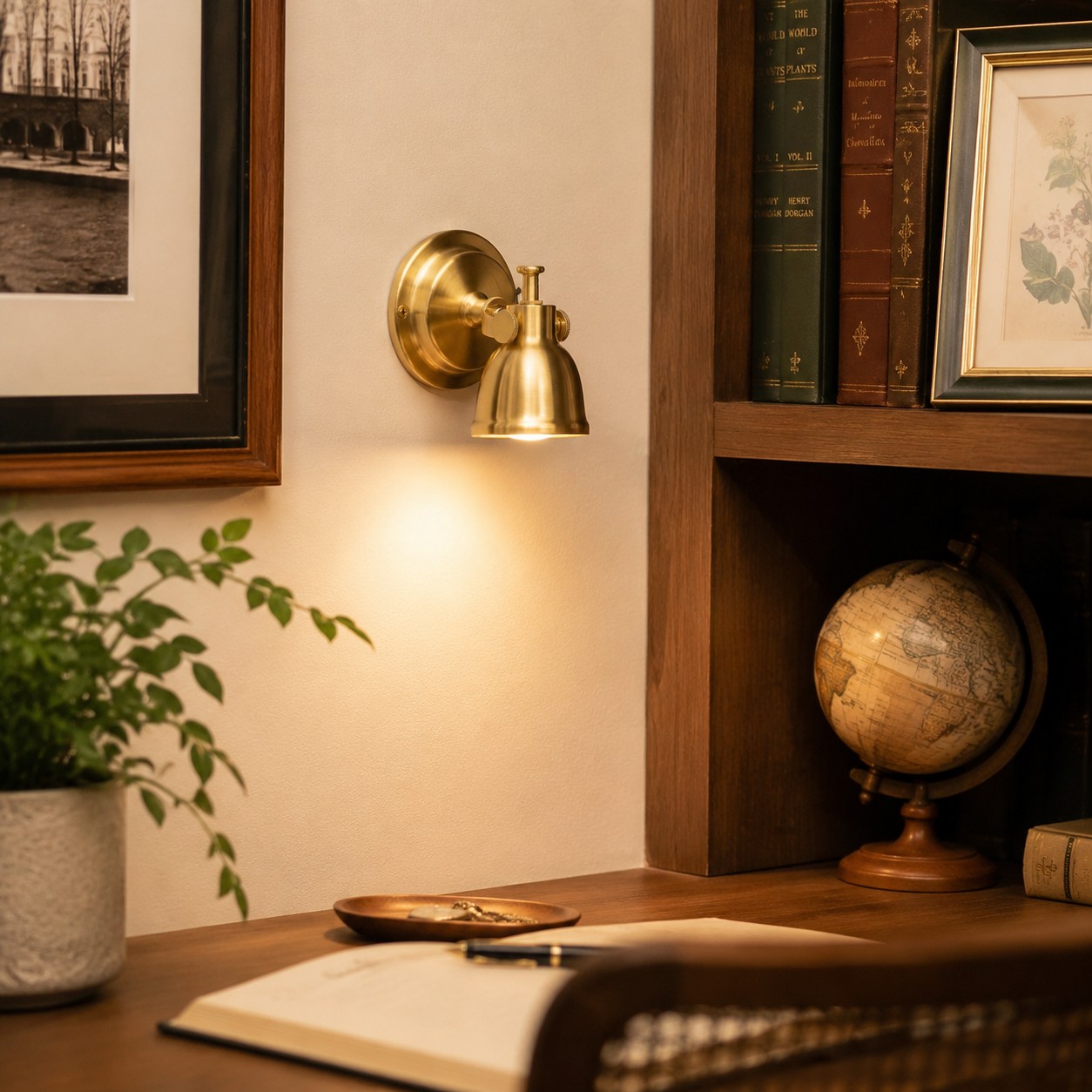 Brass wall lamp installed in a warm interior