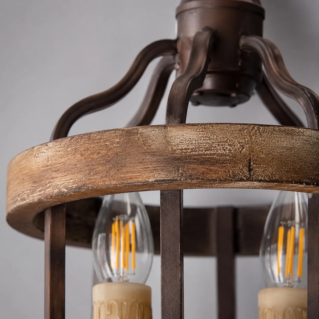 Aged wood texture and upper iron arm detail