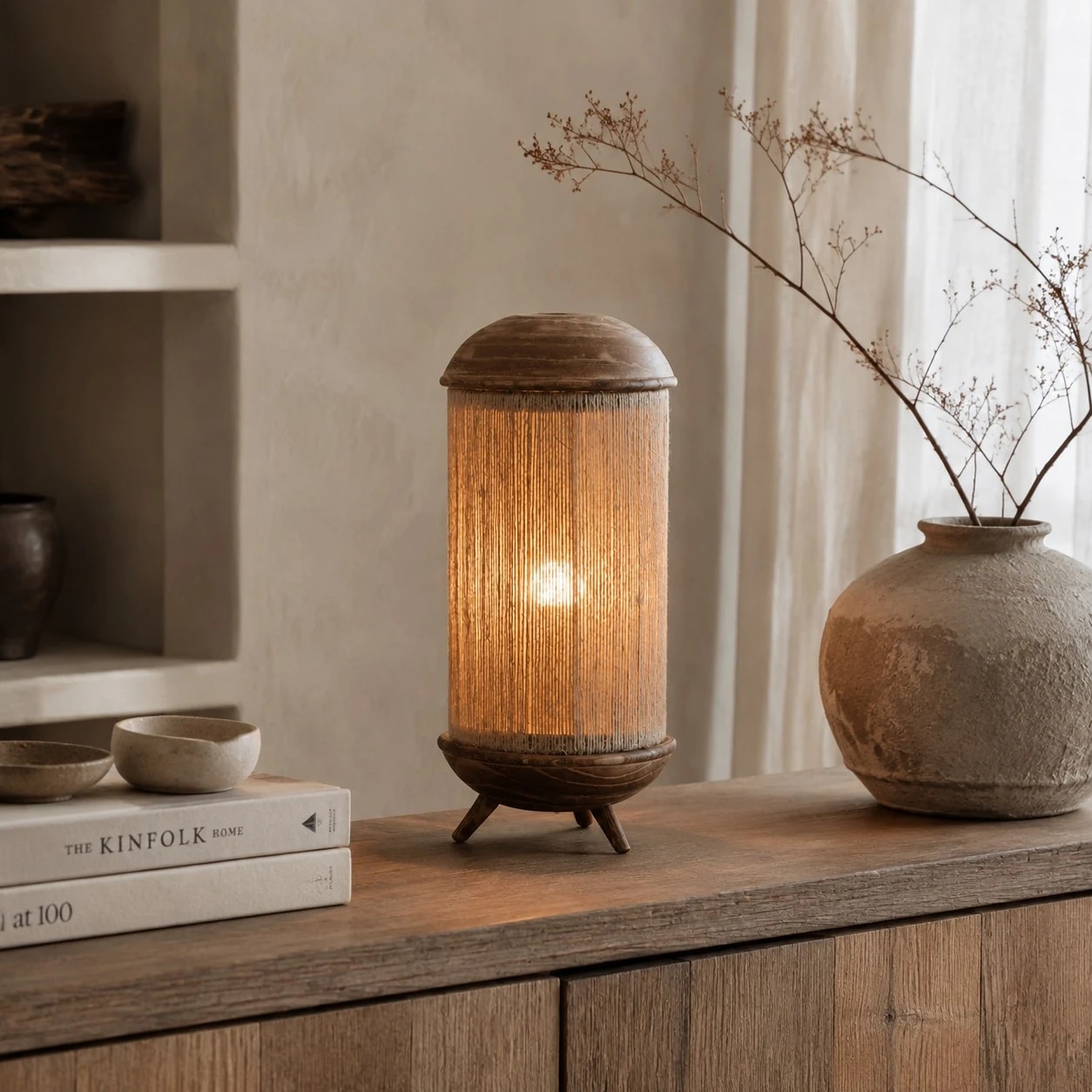 Shelf styling scene with corded linen style