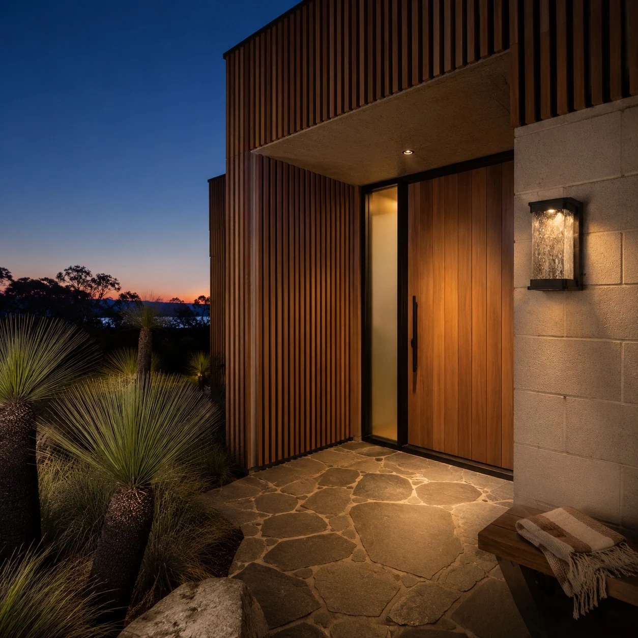 Outdoor wall light mounted beside a garden wall