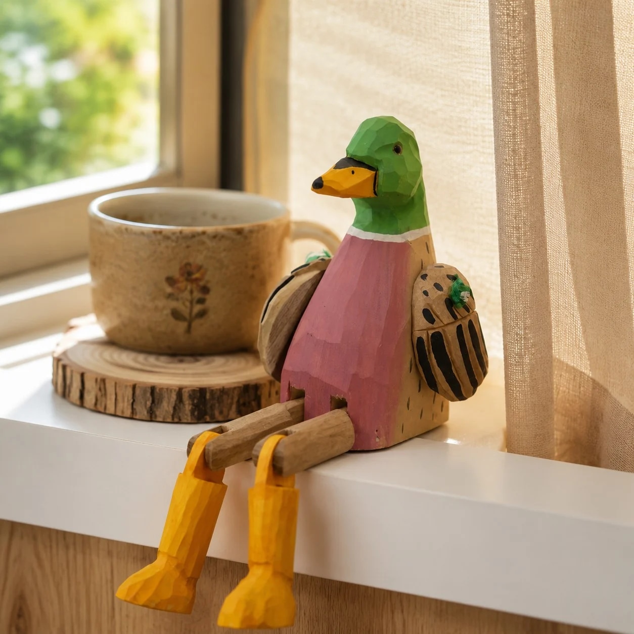 Hand-carved wooden green head duck ornament styled on a tabletop edge