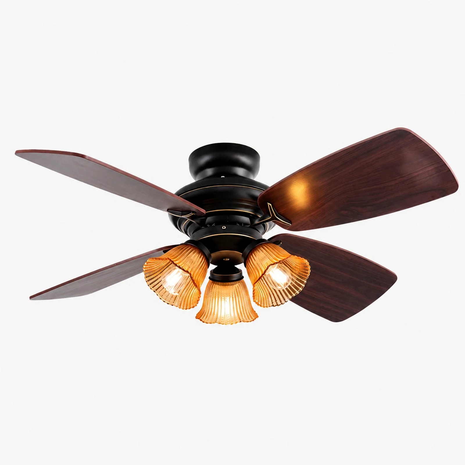 Black amber glass ceiling fan light with wood-look blades