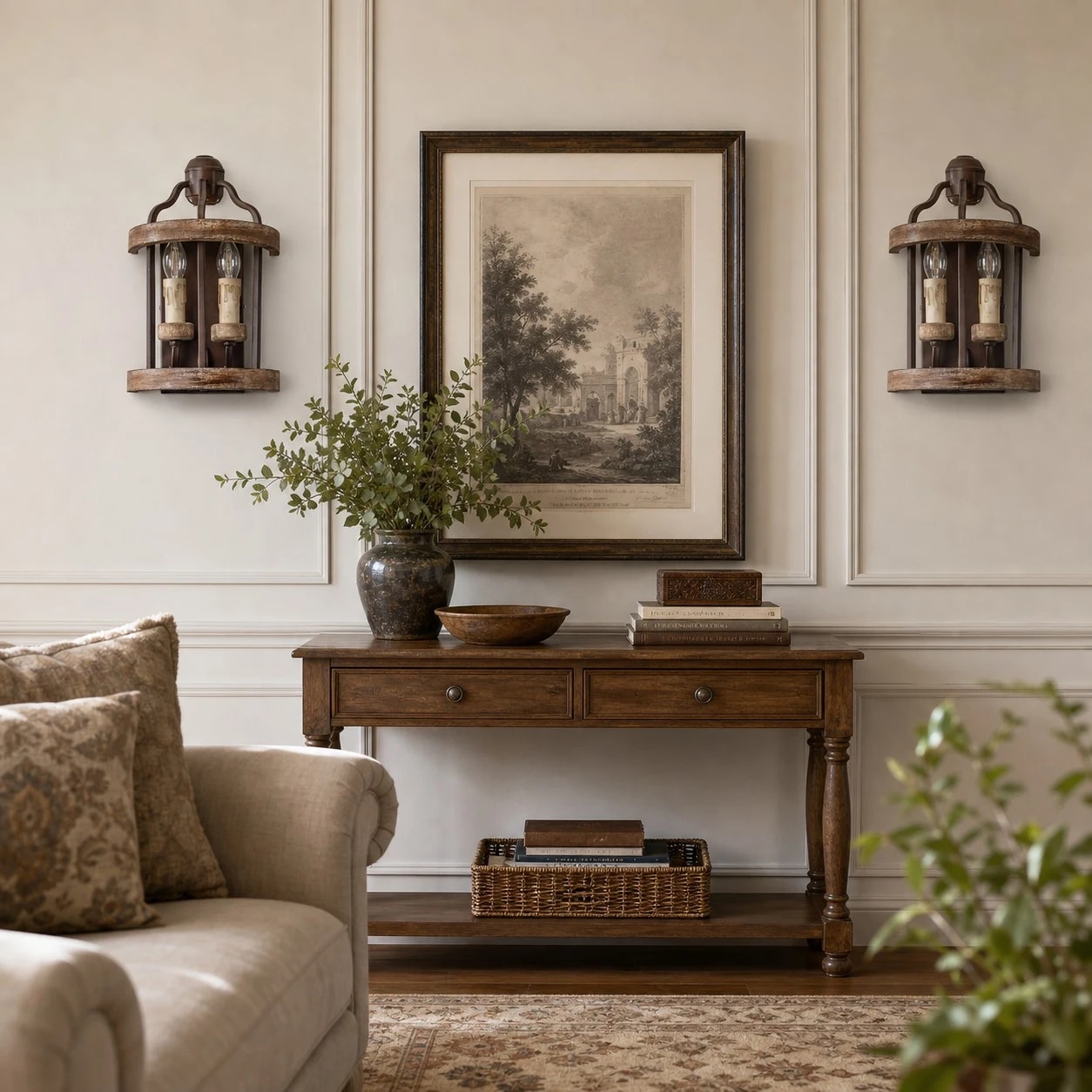 Rustic wall sconces beside framed wall art and a console table