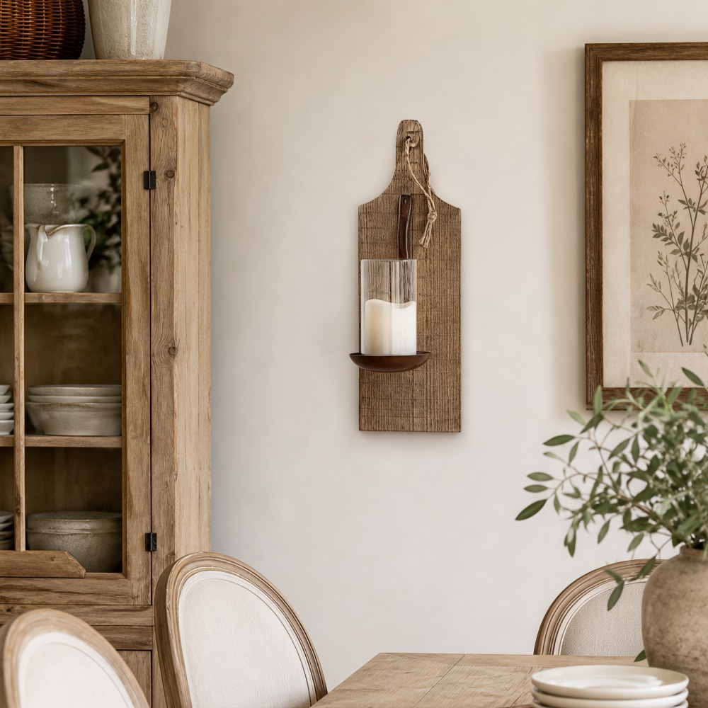 Rustic wooden wall sconce farmhouse dining room scene