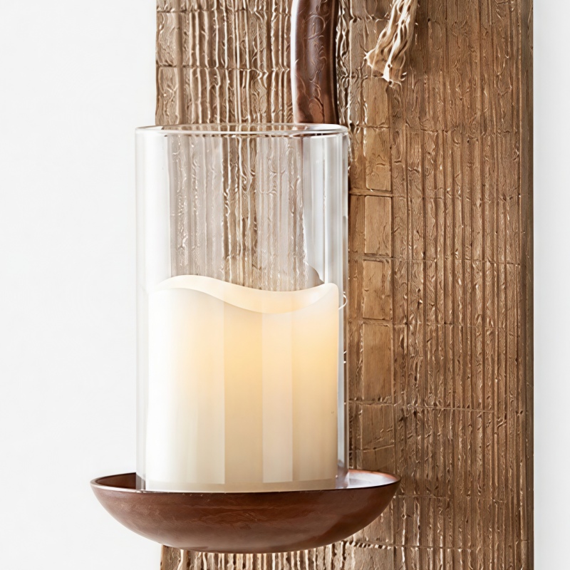 Rustic wooden wall sconce glass and candle detail