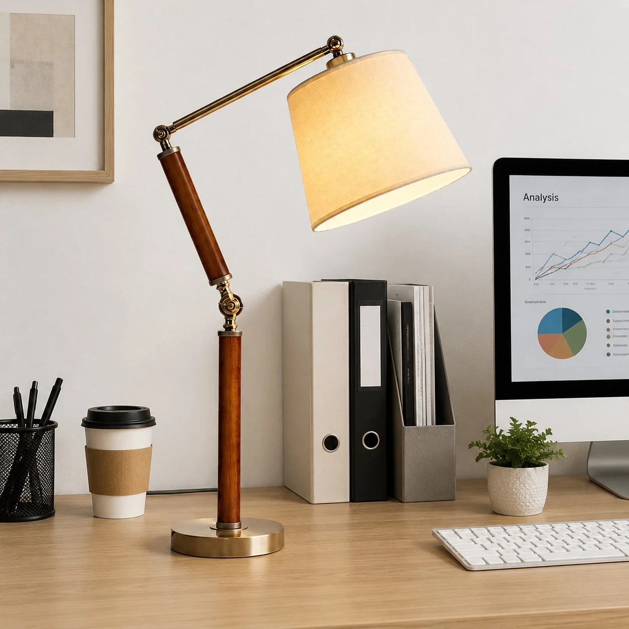 Solid wood table lamp illuminating a neat home office desk