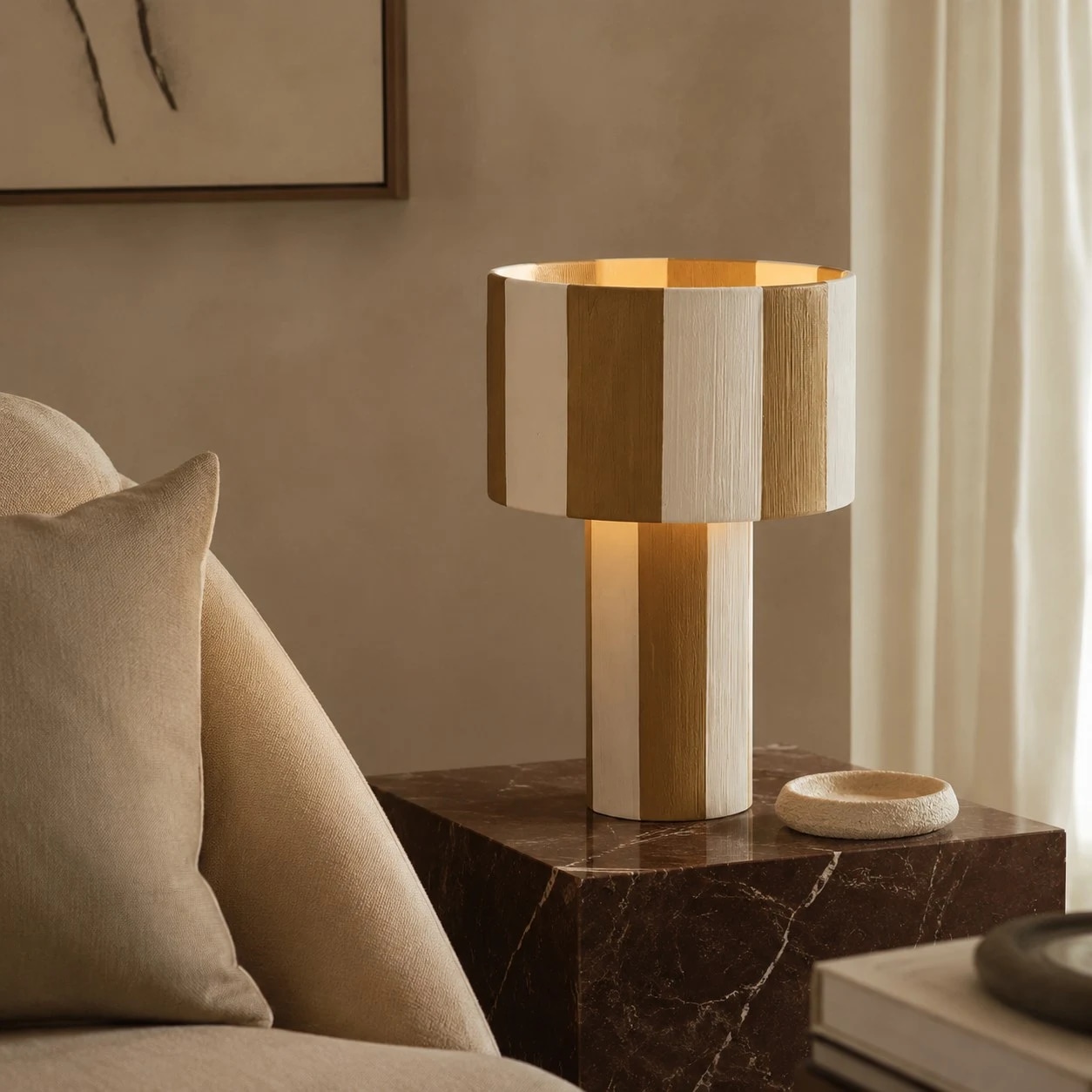 Apricot striped table lamp lit on a marble side table beside a sofa