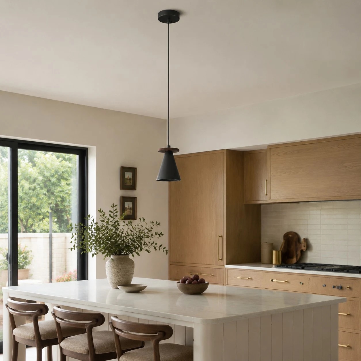 Black walnut pendant light in a bedroom setting