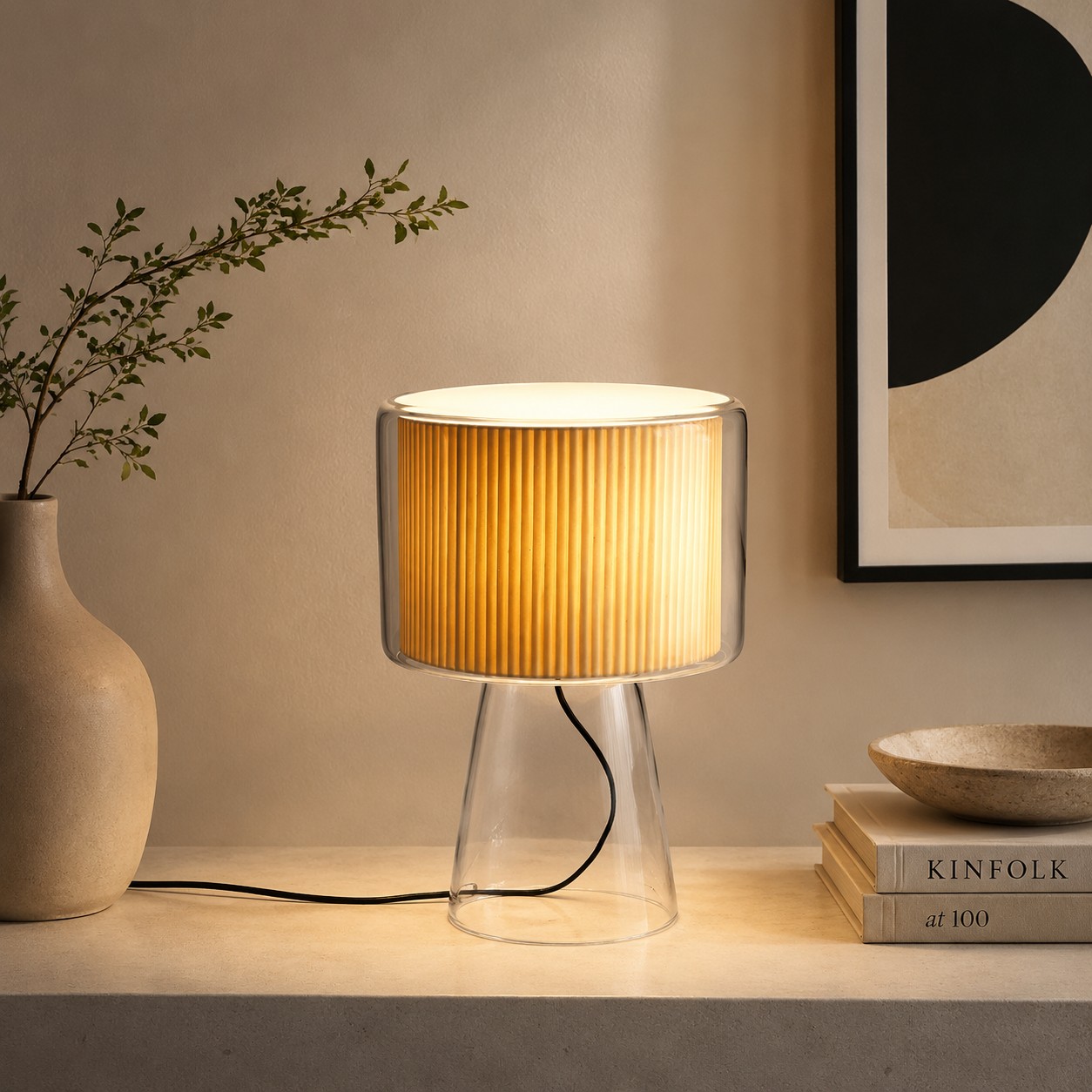 Natural Glass Table Lamp With Fabric Shade