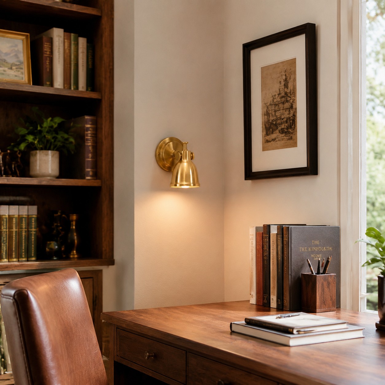 Brass wall lamp installed in a warm interior
